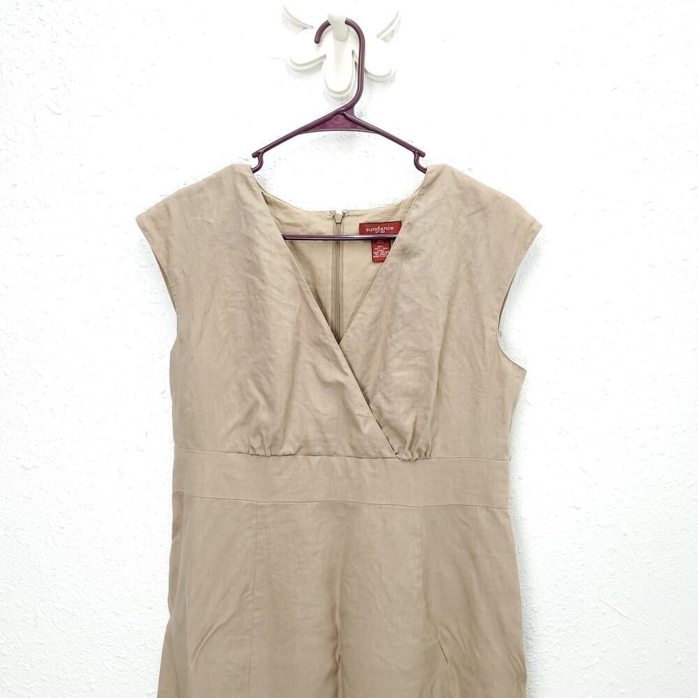 SUNDANCE 100% Linen Tan Lagenlook Surplice Neckline Midi Dress - Picture 2 of 9